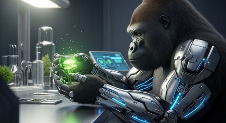 Cyborg Gorilla in Lab Analyzing Glowing Orb with Futuristic Tech.