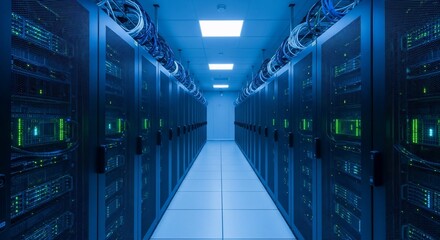 Data center server room with rows of computer racks.