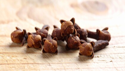 Obraz premium Aromatic whole dried cloves, a popular spice for cooking and traditional medicine, arranged on a rustic wooden background