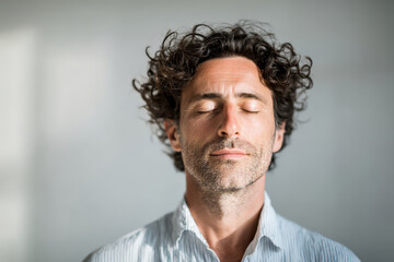 man is meditating with his eyes closed in peaceful studio setting creating calm atmosphere