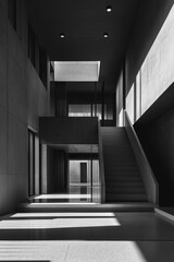 Architectural interior space symmetrical composition office building staircase leading to upper floors streaming large windows casting dramatic shadows concrete walls floor tiles