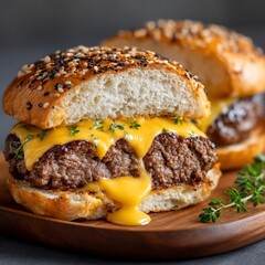 Delicious Cheeseburger with Melted Cheese on a Wooden Board.