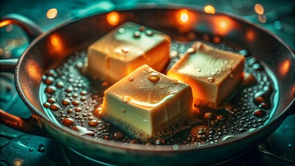 Butter cubes melting in pan with golden light
