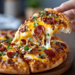 Delicious Pepperoni Pizza with Melted Cheese and Fresh Herbs.