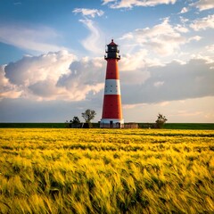 Lighthouse in a golden field under a dramatic sky