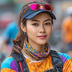 Determined Asian woman trail runner with sunglasses and colorful attire.