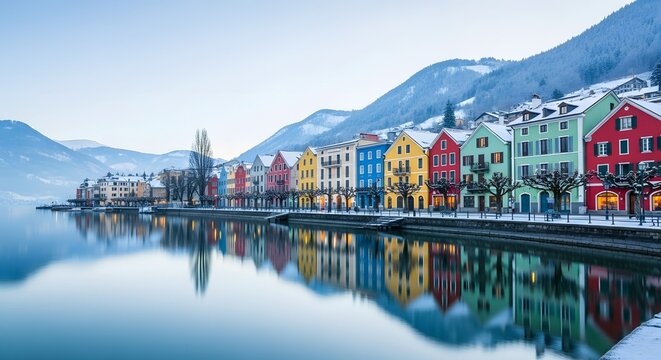 Colorful Houses Reflecting in River, Winter Scene in Rattenberg, Austria, with Snow-Capped Mountains