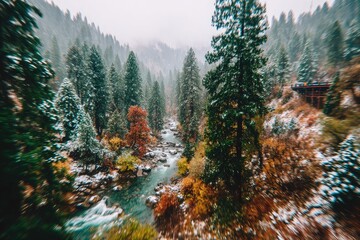 Snowy mountain river valley