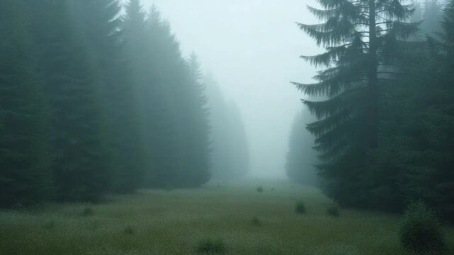summer forest with deep fog