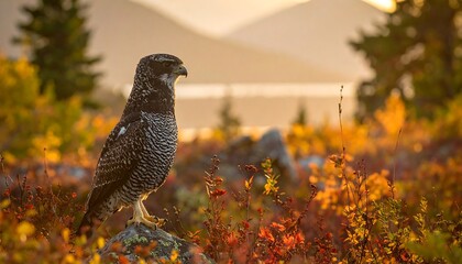 Bird perched on rock, autumnal landscape