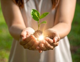 Hands holding a small sprout with a bright light