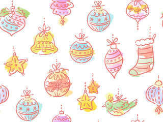 Cute seamless Christmas pattern featuring hand-drawn minimal line art of Christmas ornaments for fabric, gift wrapping, cards. Holiday season wallpapers on a transparent background.