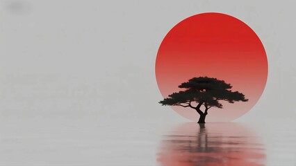 Zen Landscape with Red Rising Sun and Lone Tree—Minimal Japanese Aesthetic on Calm Water