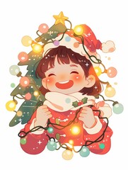 Naklejka premium Cheerful child with Christmas lights celebrating the holiday season by a decorated tree