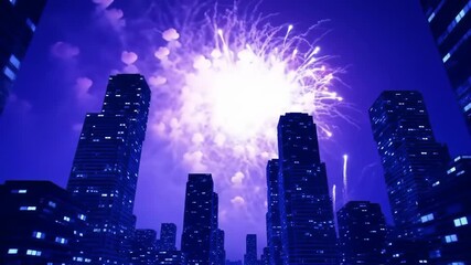 City Lights Fireworks Spectacular Over Skyscrapers at Night