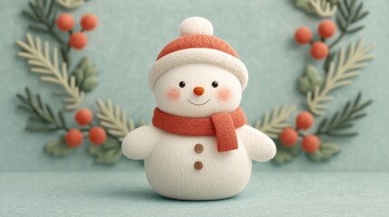 Cute Snowman Figurine Surrounded by Festive Greenery and Berries, Perfect for Holiday Decorations and Cheerful Winter Scenes