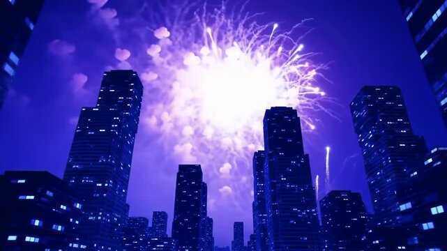 City Lights Fireworks Spectacular Over Skyscrapers at Night