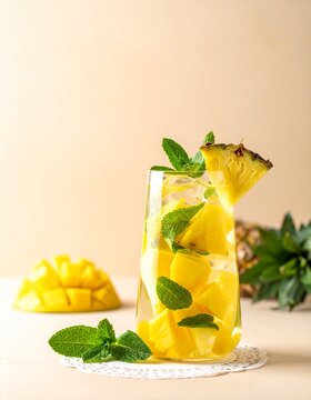 Close-up of refreshing mango and pineapple infused water in an elegant glass, garnished with fresh mint for a tropical summer drink
