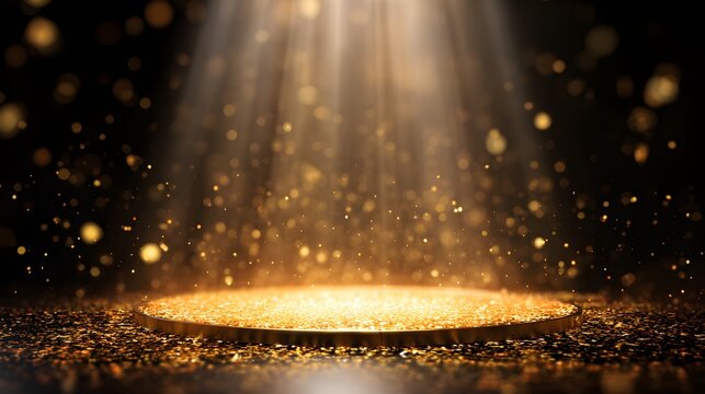 Golden spotlight illuminating a circular stage with shimmering particles and bokeh highlights creating a magical award ceremony or theatrical performance atmosphere