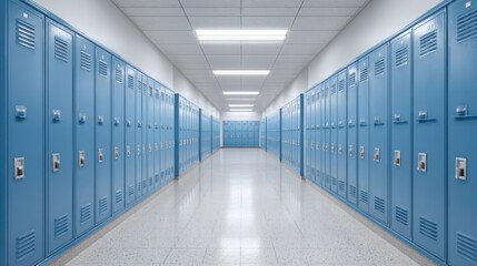 Obraz premium Bright and Spacious School Corridor with Blue Lockers and Clean Floors, Perfect for Educational or Institutional Themes and School-Related Concepts