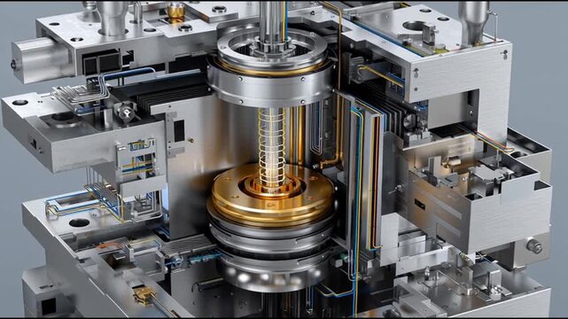 Small Modular Reactor. SMR. Nuclear Grid. Nuclear energy, SMR design, Microgrid systems, Energy infrastructure. Detailed view of a complex mechanical component assembly.