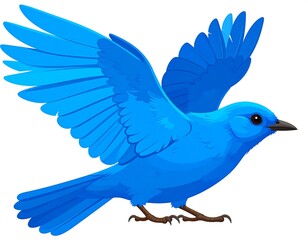 Obraz premium A vibrant blue bird in flight, wings outstretched, poised for takeoff against a stark white background.