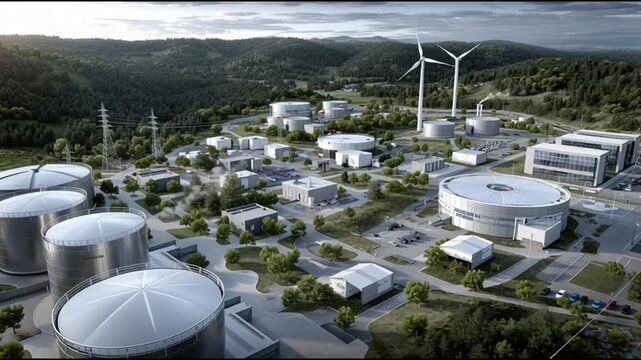 Small Modular Reactor. SMR. Nuclear Grid. Nuclear energy, SMR design, Microgrid systems, Energy infrastructure. Aerial view of a modern industrial energy facility in a green landscape.