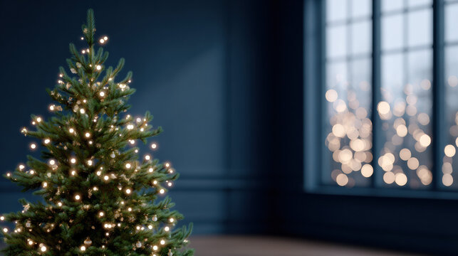Serene Christmas tree with glowing warm lights inside dark blue room. festive and quiet holiday background with window and bokeh lights creating cozy winter feeling