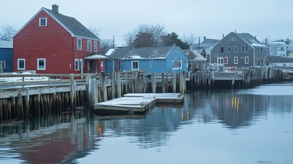 Wharf Winter Waterfront: Colorful Houses and Wooden Dock Reflections for Tourism Promotion and Landscape Design