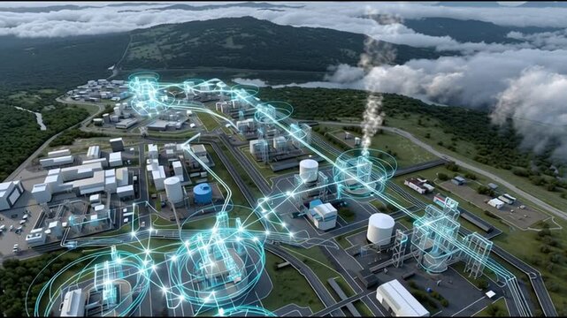 Small Modular Reactor. SMR. Nuclear Grid. Nuclear energy, SMR design, Microgrid systems, Energy infrastructure. Aerial view of a modern industrial complex with digital overlays.