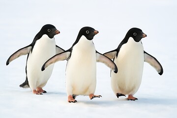Obraz premium Three Adelie penguins waddling across a snowy, icy, white landscape.