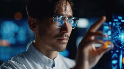 Focused Scientist Analyzing Data on a Transparent Screen Display