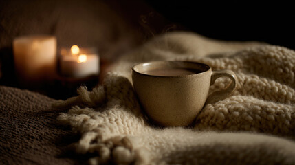 cozy scene featuring soft warm blanket and flickering candles creating relaxing atmosphere