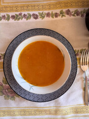 directly above shot  of healthy food, bowl of soup on table