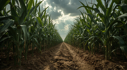 Obraz premium Dramatic Cornfield Sky – Low-Angle Rows of Green Corn with Storm Clouds
