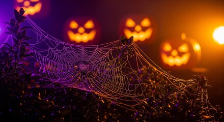 Lit pumpkins behind dewcovered spiderweb on bush Halloween vibe
