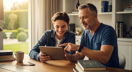 Father and Son Bonding Over Digital Tablet A Modern Family Moment of Connection and Learning