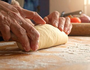 Hands kneading dough on a wooden table (1)