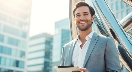 Fototapeta premium Confident Businessman with Digital Tablet in Urban Setting, Embracing Success and Future Vision