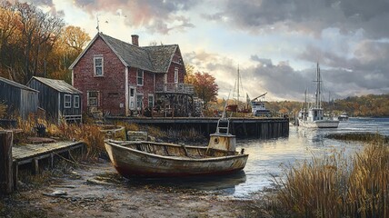 Pickering Wharf Peaceful Waterfront Scene: Old Wooden Boat and Red-Brick House in Rural Setting for Travel Promotion and Web Background