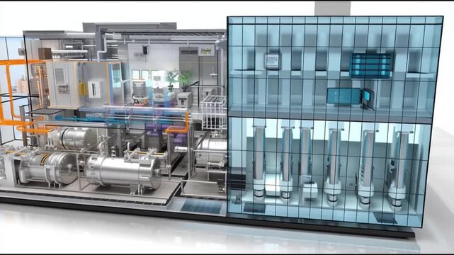 Small Modular Reactor. SMR. Nuclear Grid. Nuclear energy, SMR design, Microgrid systems, Energy infrastructure. Detailed illustration of a complex industrial machinery system.