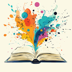 An open book with a burst of creative illustration , vector style simple color