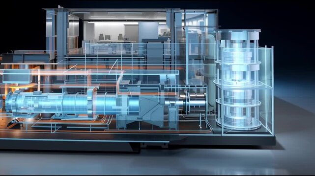 Small Modular Reactor. SMR. Nuclear Grid. Nuclear energy, SMR design, Microgrid systems, Energy infrastructure. A detailed cutaway of a modern building showcasing internal systems.