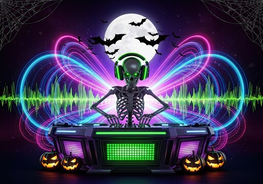 Photo of a neon halloween party with a skeleton dj playing music with bats flying around him, pumpkins, and colorful lights for a spooky celebration - Powered by Adobe