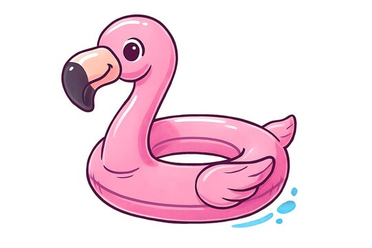 Cartoon illustration of a pink flamingo-shaped inflatable pool float, with water splashes. - Powered by Adobe