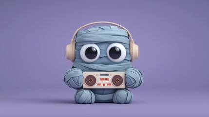 Cute Cartoon Mummy Character with Big Eyes Wearing Headphones and Holding a Retro Boombox on a Soft Purple Background