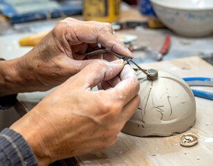 Hands meticulously crafting a clay bowl