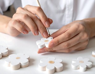 Hands meticulously paint small white flowers