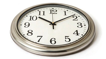 Round silver wall clock showing ten minutes past ten on white background
