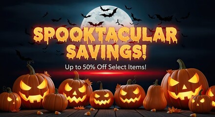 Photo of spooktacular savings halloween advertisement featuring jackolanterns, bats, and a full moon, promoting discounts of up to 50 on select items